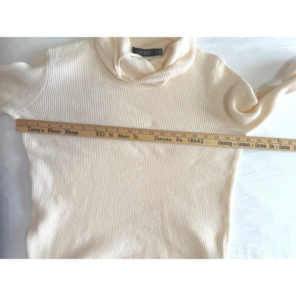 Lauren Ralph Lauren Cream Waffle Knit Cowl Neck Drawstring Cotton Sweater M Cozy